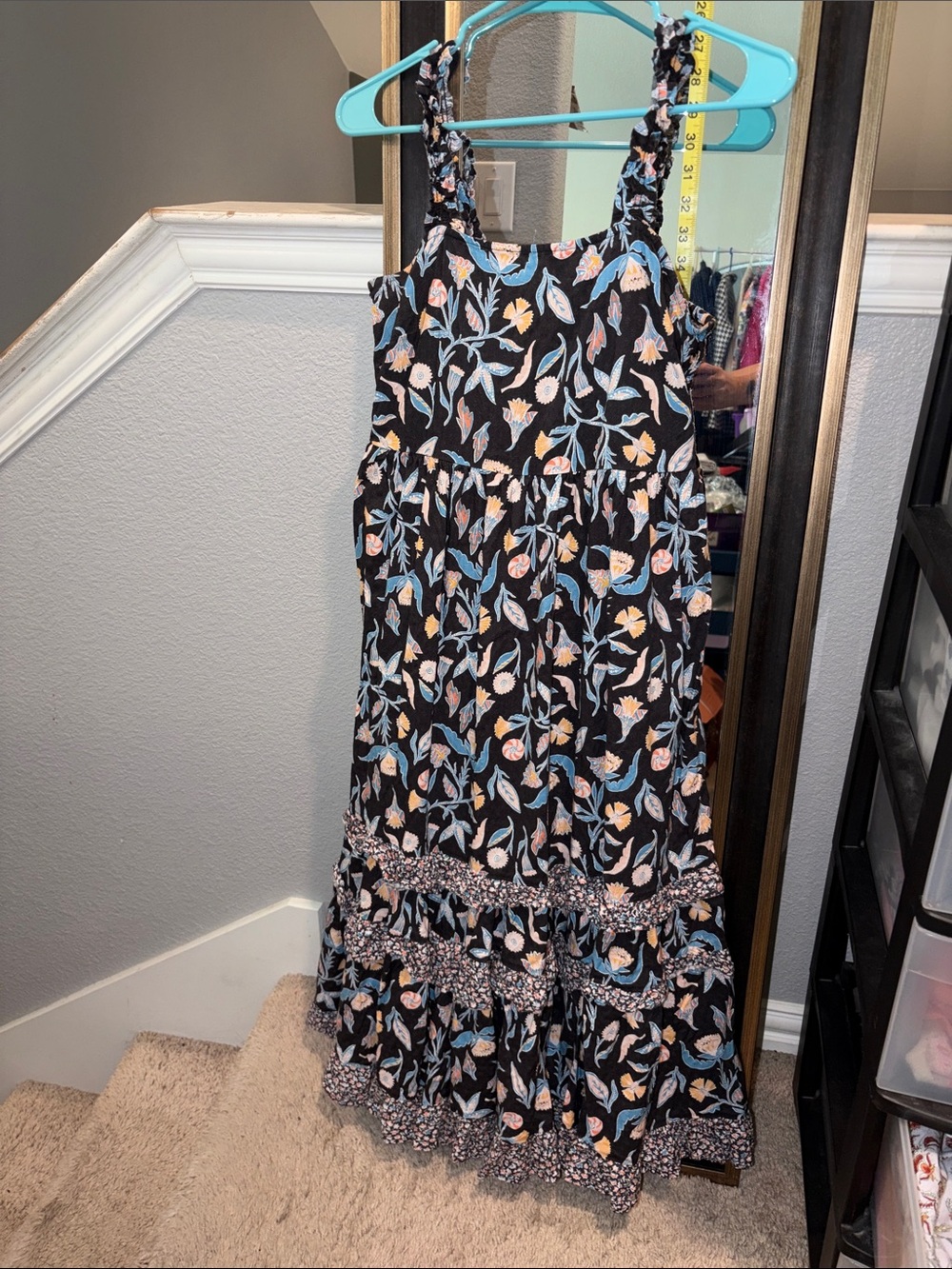 Universal Thread Blue Floral Tiered Midi Dress with Blue and Pink Accents